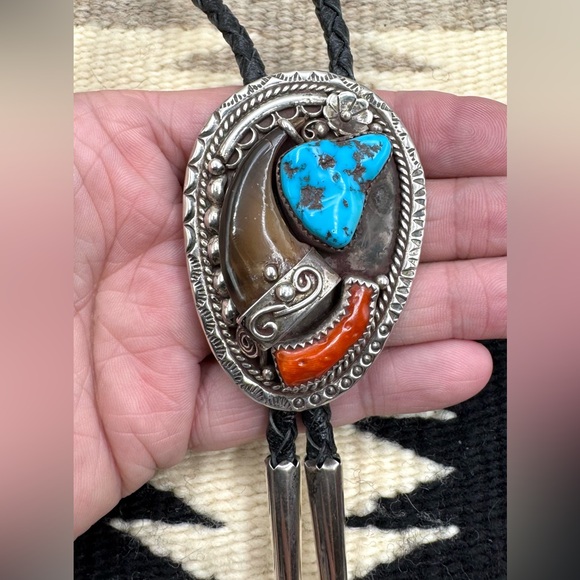 Sam Begay Navajo Native American Sterling Silver Turquoise Coral Bolo Tie - Picture 2 of 9